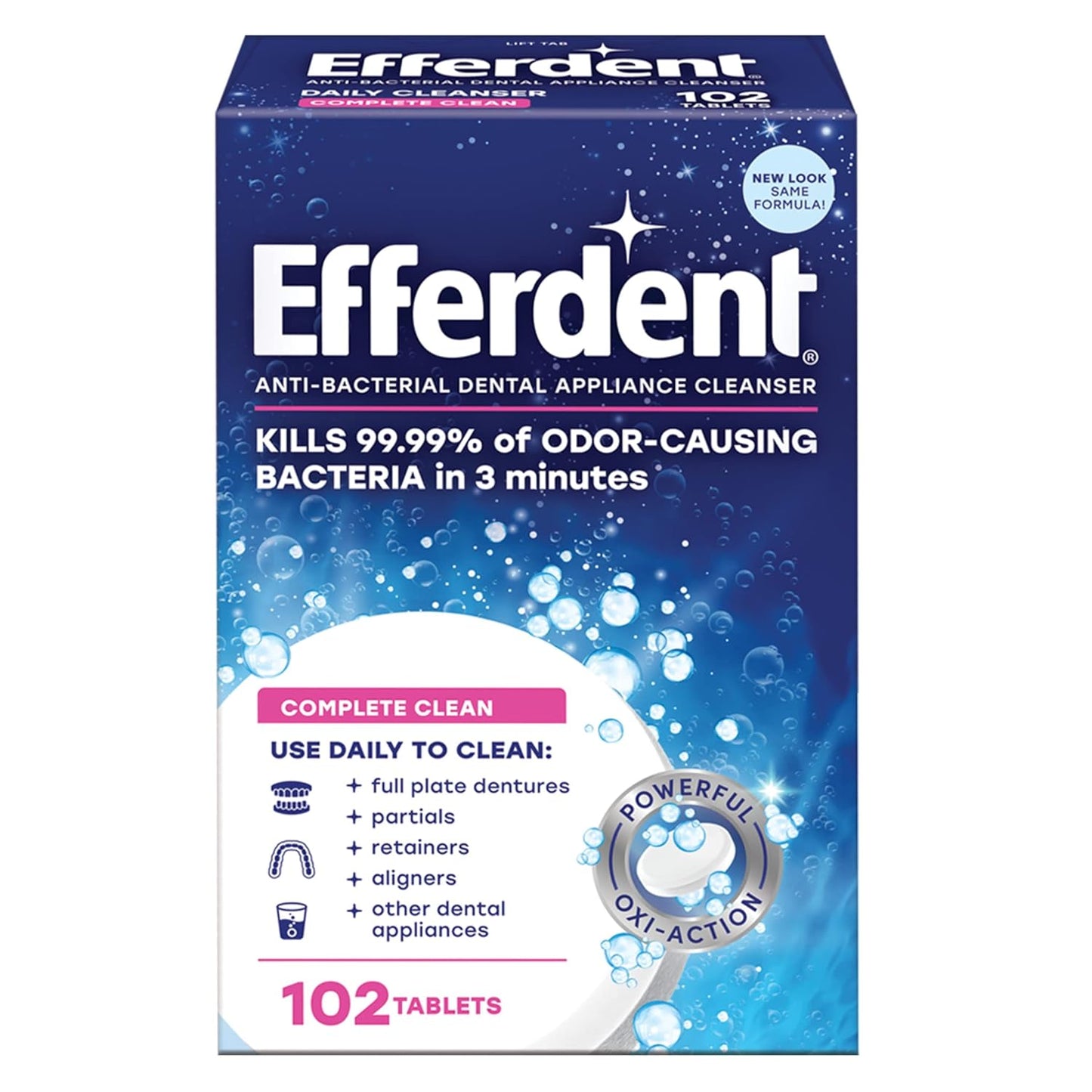 Efferdent Retainer Cleaning Tablets, Denture Cleanser Tablets for Dental Appliances, Complete Clean, 102 Tablets