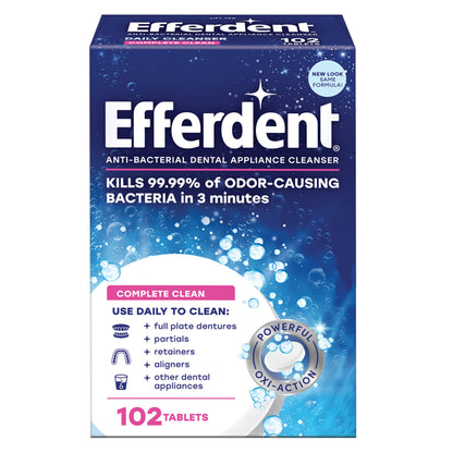 Efferdent Retainer Cleaning Tablets, Denture Cleanser Tablets for Dental Appliances, Complete Clean, 102 Tablets