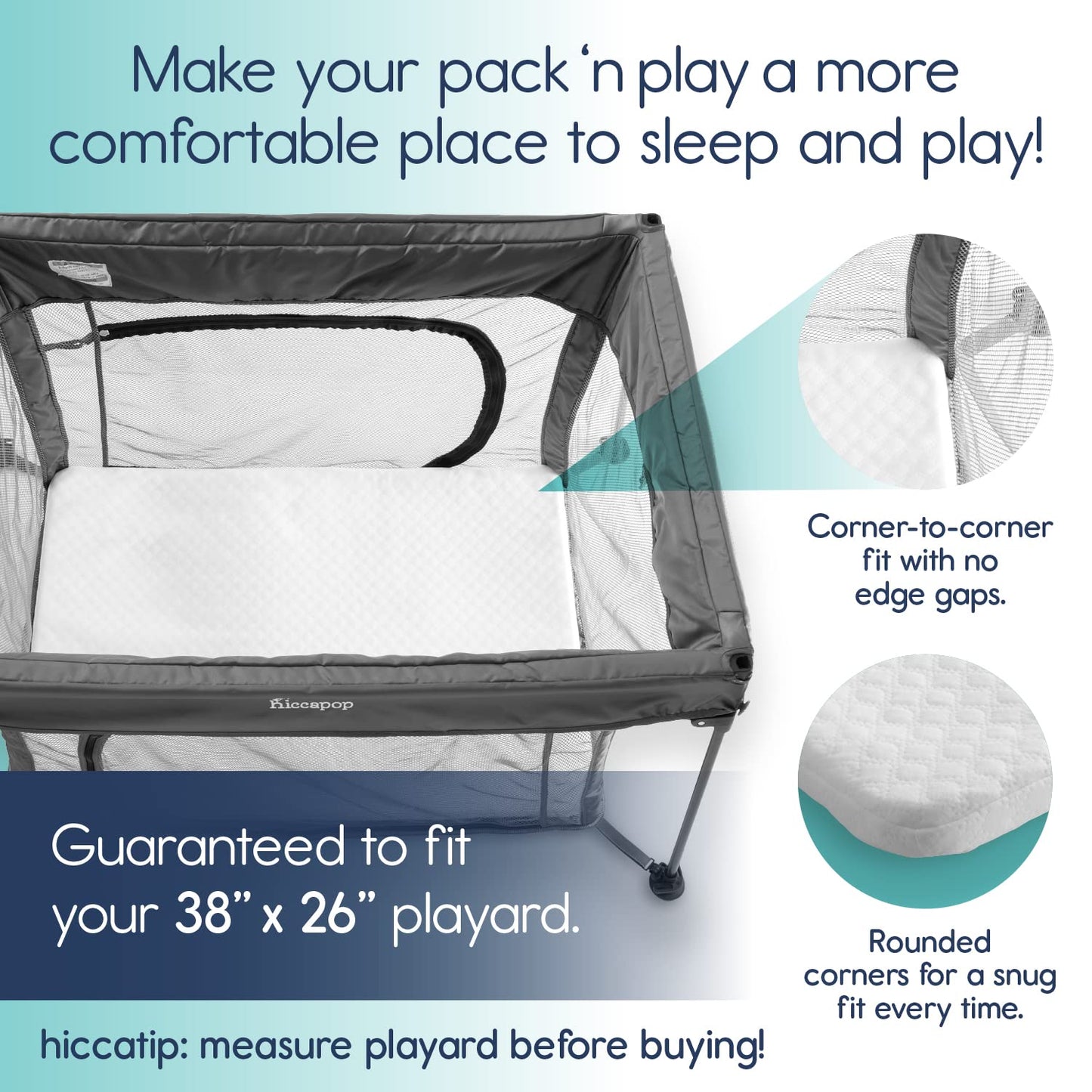 hiccapop Pack and Play Mattress Pad for (38"x26"x1.5"), Playpen Pad, Playard Mattress for Pack and Play, Pack N Play Mattress Topper with Carry Bag and Washable Cover, 1.5" Thick