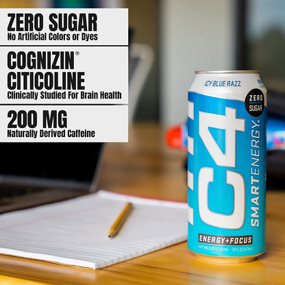 C4 Smart Energy Drink – Boost Focus and Energy with Zero Sugar, Natural Energy, and Nootropics - 200mg Caffeine - Cherry Berry Lime (12oz Pack of 12)