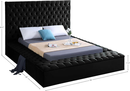 Meridian Furniture Bliss Collection Modern | Contemporary Velvet Upholstered Bed with Deep Button Tufting and Storage Compartments in Rails and Footboard, Black, King