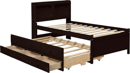 Full Size Bed Frame with Bookcase Headboard,Captain’s Bed Full with Trundle and Drawers for Kids,Trundle Bed with Storage for Teens,Adults(Full,Espresso)