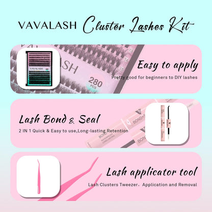 VAVALASH DIY Lash Extension Kit 280 Clusters Individual Lashes Kit 30D 40D 0.07D-10-16mm Lash Clusters, Lash Bond and Seal, Lash Tweezer for DIY Eyelash Extension at Home（Kit-30D+40D-0.07D-10-16MIX）