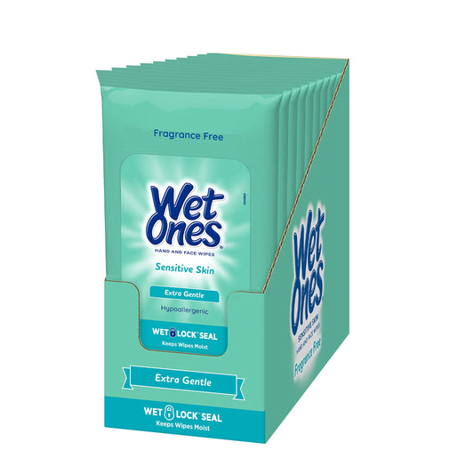 Wet Ones Hand Wipes for Sensitive Skin | Wipes Case for Hand and Face |Travel Size, 20 Count (Pack of 10)