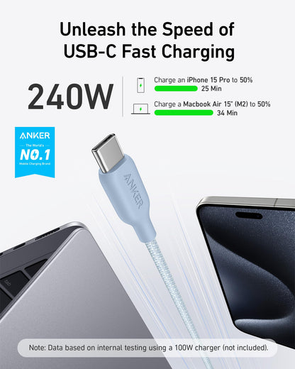 Anker USB C to USB C Cable (240W,10ft), Bio-Braided USB C Charger Cable Fast Charge for iPhone15/15Pro/15Plus/15ProMax, iPad Pro 2020, iPad Air 4, Samsung Galaxy S23+/S23 Ultra