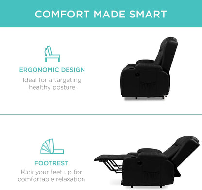 Best Choice Products PU Leather Electric Power Lift Chair, Recliner Massage Chair, Adjustable Furniture for Back, Legs w/ 3 Positions, USB Port, Heat, Cupholders, Easy-to-Reach Side Button - Black