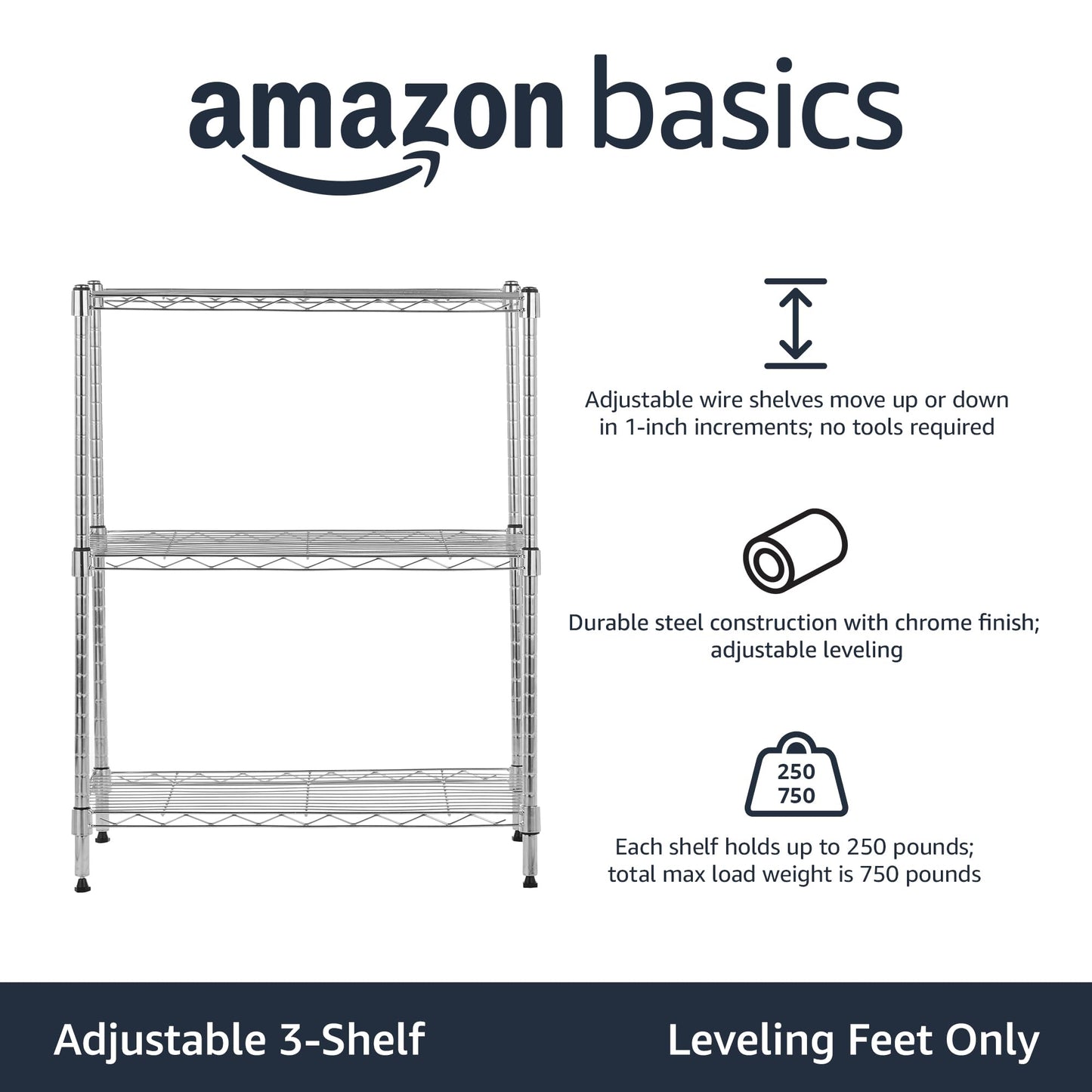 Amazon Basics 3-Shelf Adjustable, Heavy Duty Storage Shelving Unit (250 lbs loading capacity per shelf), Steel Organizer Wire Rack, 23.2"L x 13.4"W x 30"H, Black