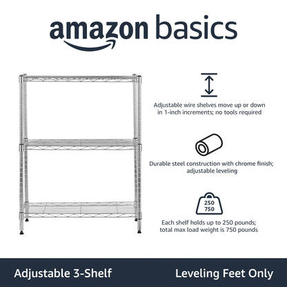 Amazon Basics 3-Shelf Adjustable, Heavy Duty Storage Shelving Unit (250 lbs loading capacity per shelf), Steel Organizer Wire Rack, 23.2"L x 13.4"W x 30"H, Black