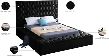 Meridian Furniture Bliss Collection Modern | Contemporary Velvet Upholstered Bed with Deep Button Tufting and Storage Compartments in Rails and Footboard, Black, King