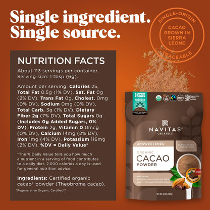 Navitas Organics Cacao Powder, Regenerative Organic Certified, Non-GMO, Fair Trade, Gluten-Free, 8oz. Bag, 15 Servings