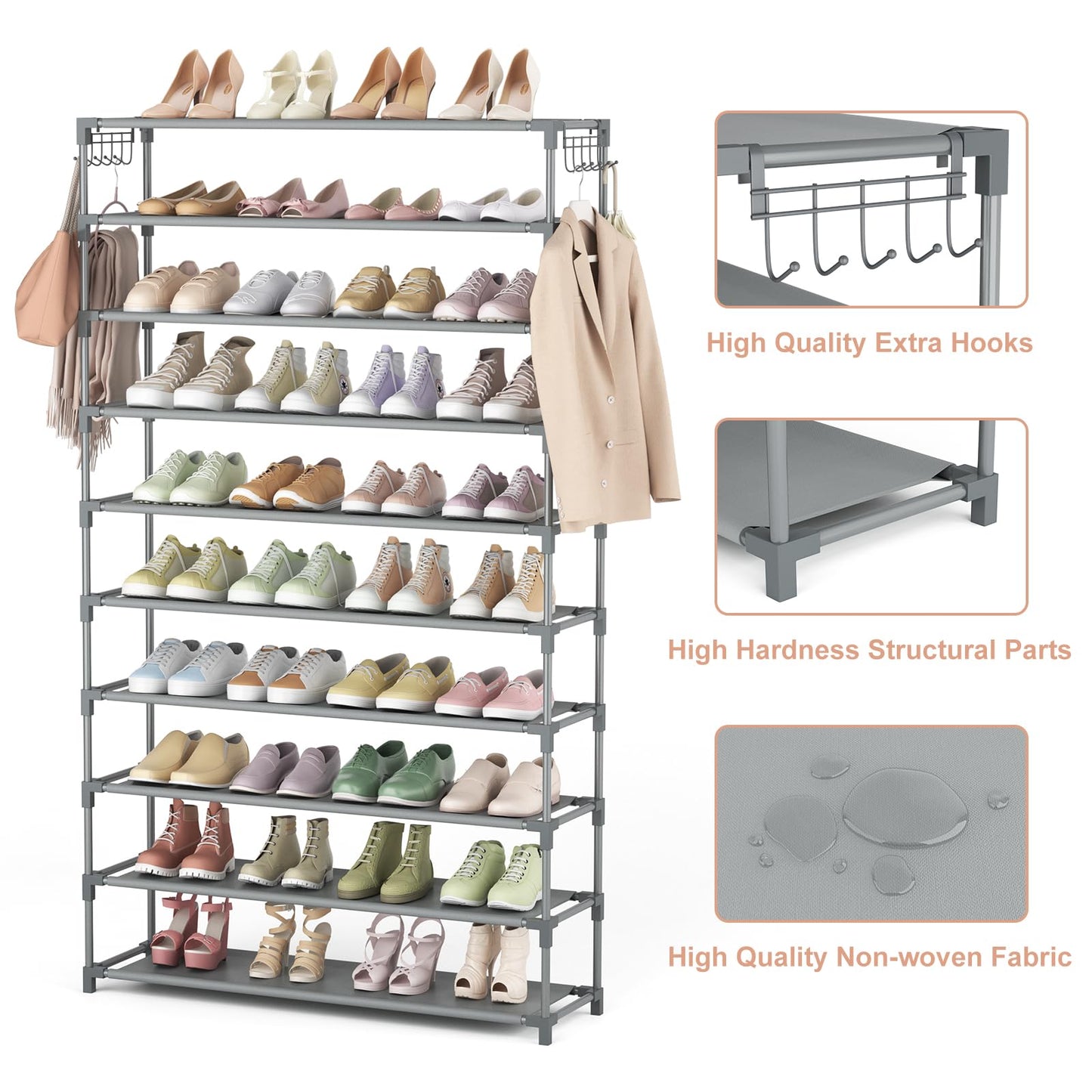 10 Tiers Shoe Rack 50 Pairs Large Capacity Tall Shoe Organizer Sturdy Shoe Storage with Two Hooks Space Saving Metal Wide Shoe Rack for Closet, Entryway, Bedroom, Grey