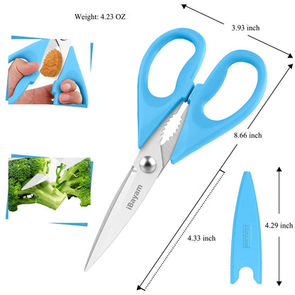 Kitchen Shears, iBayam Kitchen Scissors All Purpose Heavy Duty Meat Scissors Poultry Shears, Dishwasher Safe Food Cooking Scissors Stainless Steel Utility Scissors, 2-Pack, Black, Aqua Sky