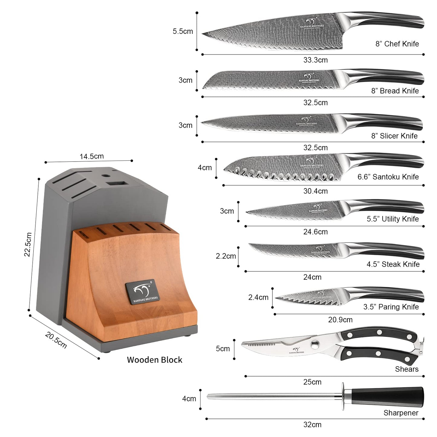 Knife Set, NANFANG BROTHERS 15-Piece Damascus Kitchen Knife Set with Block, ABS Ergonomic Handle for Chef Knife Set, Carving Fork, Disconnect-type Knife Block Set