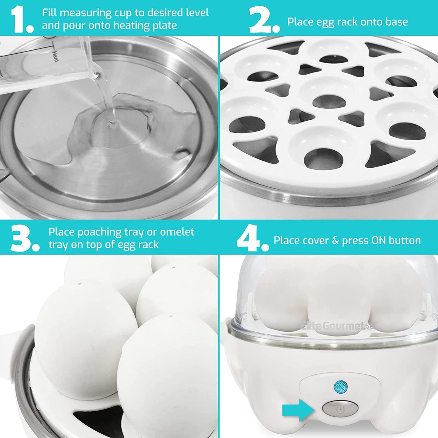 Elite Gourmet EGC-007## Rapid Egg Cooker, 7 Easy-To-Peel, Hard, Medium, Soft Boiled Eggs, Poacher, Omelet Maker, Auto Shut-Off, Alarm, 16-Recipe Booklet, BPA-Free, White