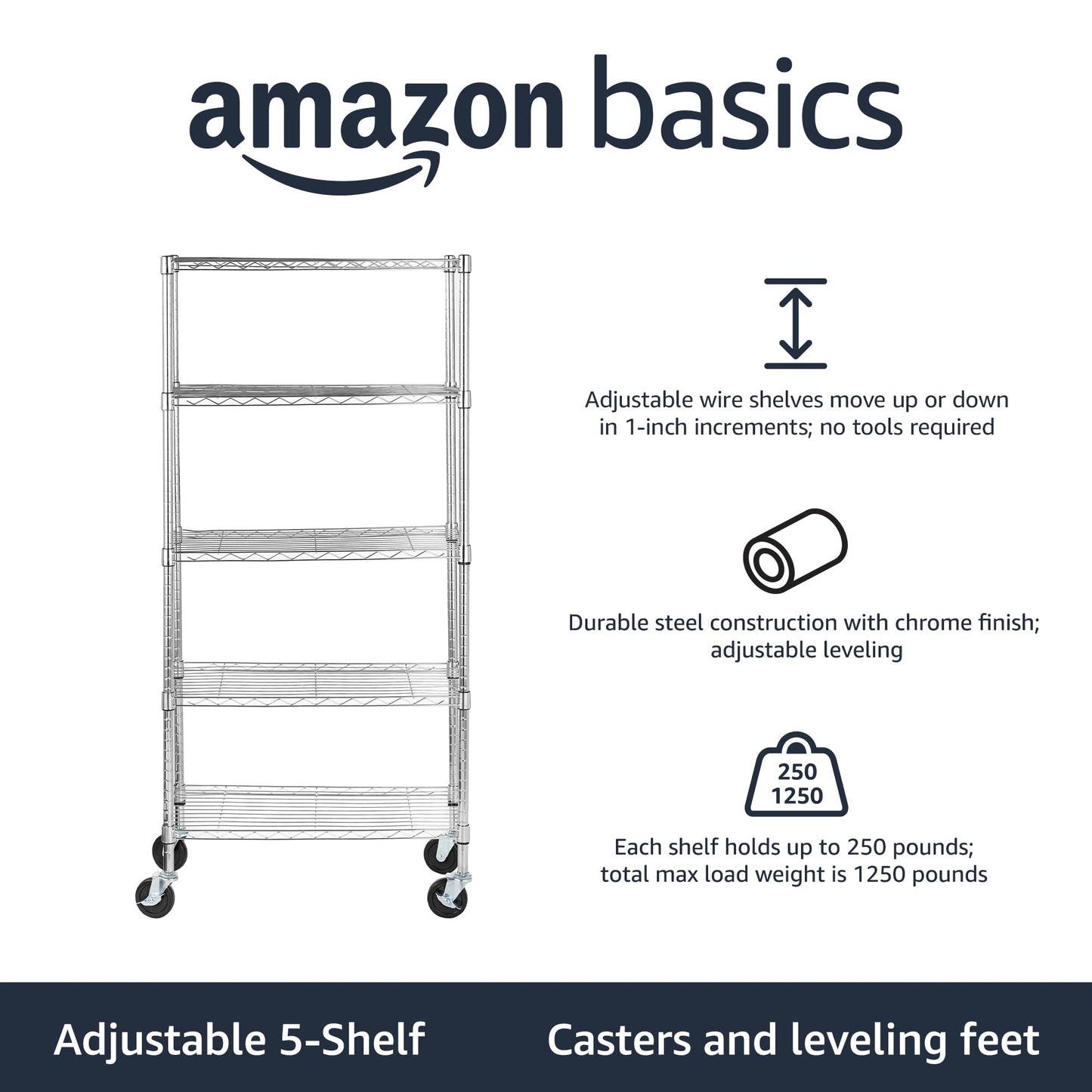 Amazon Basics 3-Shelf Adjustable, Heavy Duty Storage Shelving Unit (250 lbs loading capacity per shelf), Steel Organizer Wire Rack, 23.2"L x 13.4"W x 30"H, Black