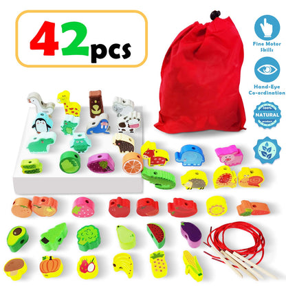 46Pcs Wooden Animals Fruits Vegetables String Threading Beads,Include 42Wooden Lacing Beads 4String Ropes,Montessori Toddler Preschool Activities Lacing Toys for Toddlers 3 4 5 6 Year Old