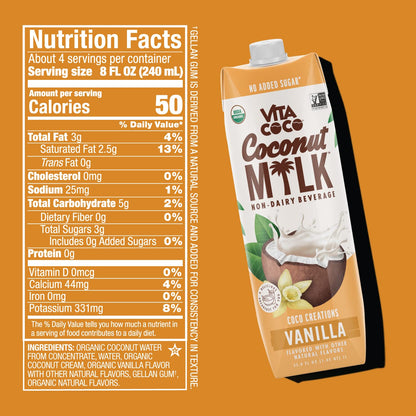 Vita Coco Original Organic Coconut Milk, Plant Based, Dairy Free Milk Alternative - Gluten Free, Soy Free, and Unsweetened, No Added Sugar - Perfect Add to Cereal, Smoothies, Desserts - 33.8 Ounce (Pack of 6)