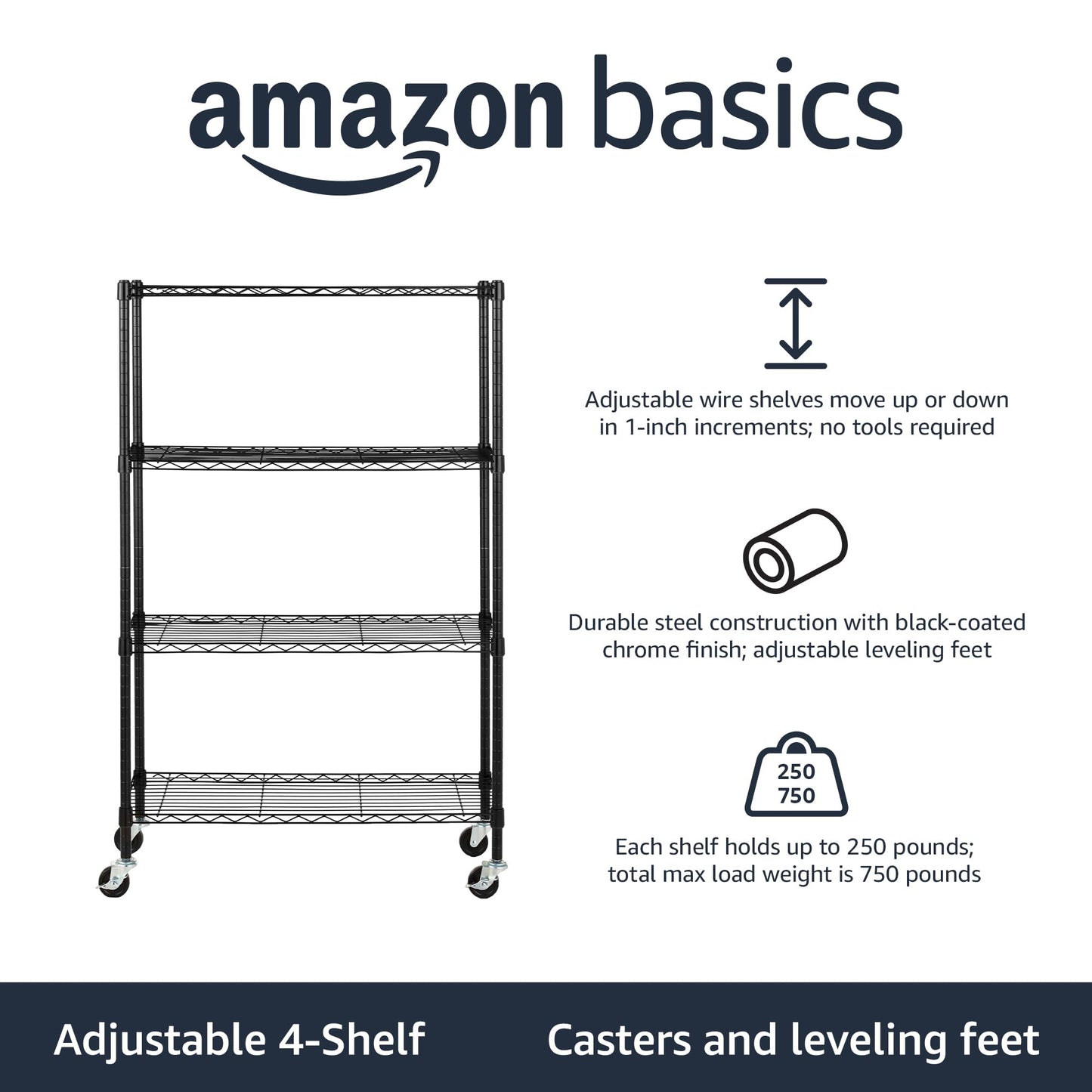 Amazon Basics 3-Shelf Adjustable, Heavy Duty Storage Shelving Unit (250 lbs loading capacity per shelf), Steel Organizer Wire Rack, 23.2"L x 13.4"W x 30"H, Black