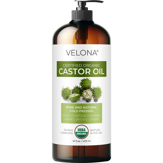 velona USDA Certified Organic Castor Oil - 16 oz (With Pump) | For Hair Growth, Boost Eyelashes, Eyebrows | Cold pressed, Natural Oil, USP Grade | Hexane Free, Lash Serum, Caster