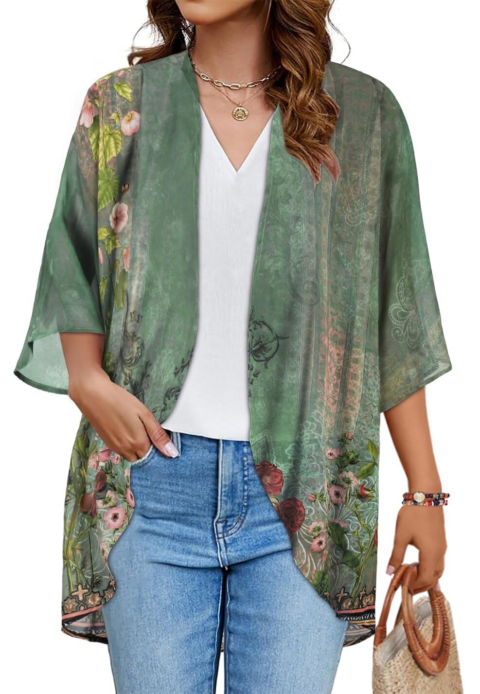 Women's Floral Print Puff Sleeve Kimono Cardigan Loose Cover Up Casual Blouse Tops