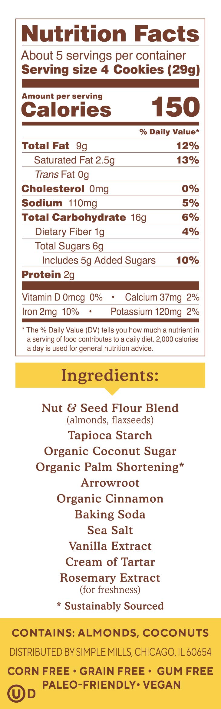 Simple Mills Almond Flour Crunchy Cookies, Chocolate Chip - Gluten Free, Vegan, Healthy Snacks, Made with Organic Coconut Oil, 5.5 Ounce (Pack of 1)