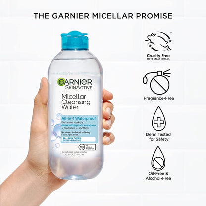 Garnier SkinActive Micellar Water For Waterproof Makeup, Facial Cleanser & Makeup Remover, 13.5 Fl Oz (400mL), 1 Count (Packaging May Vary)