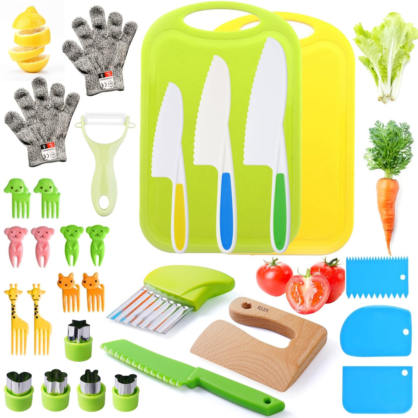 Kids Knife Set for Real Cooking Toddler Kitchen Tools Include 4 Serrated Edges Plastic Safe Knives,Crinkle Cutter Y Peeler Cutting Boards Wood Kids Knife, Kitchen Gloves, Fruit Forks and Dough Cutters