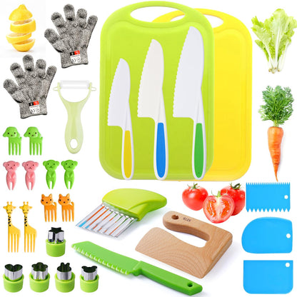 Kids Knife Set for Real Cooking Toddler Kitchen Tools Include 4 Serrated Edges Plastic Safe Knives,Crinkle Cutter Y Peeler Cutting Boards Wood Kids Knife, Kitchen Gloves, Fruit Forks and Dough Cutters