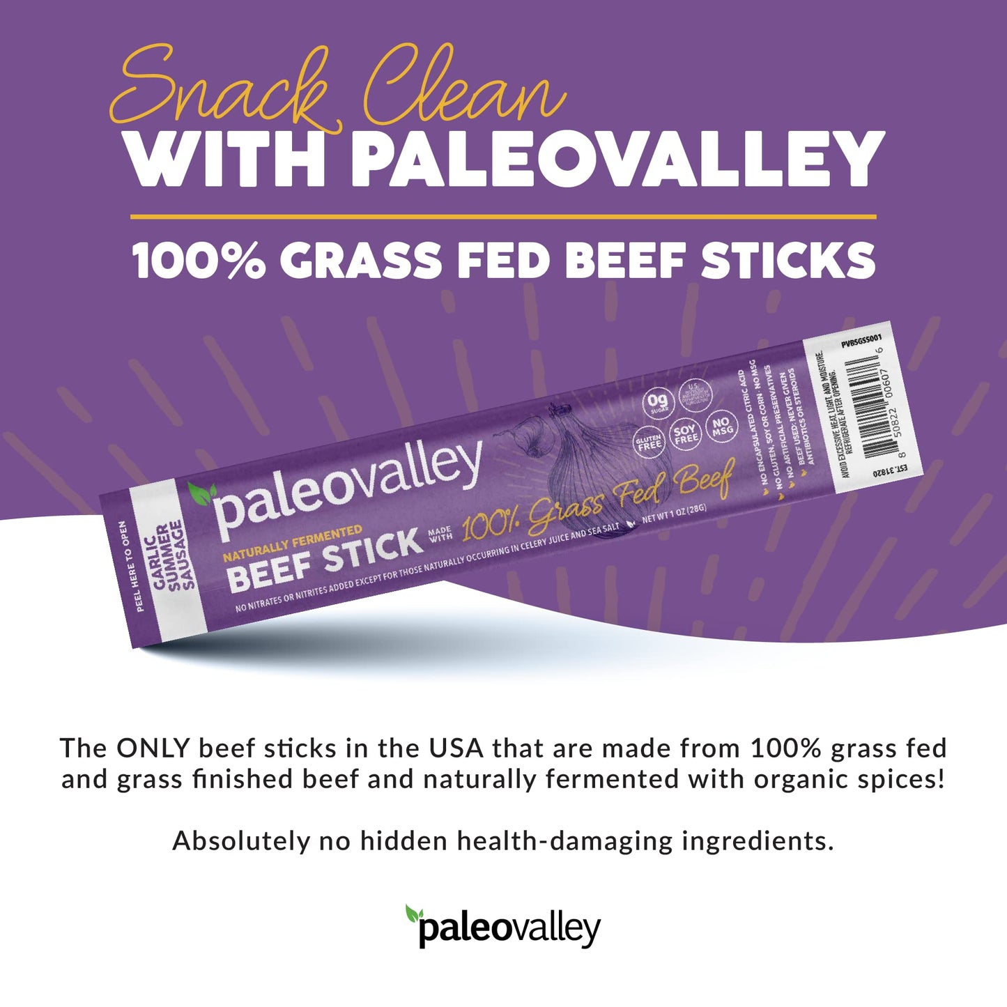 Paleovalley 100% Grass Fed Original Beef Sticks - Delicious Gluten Free Beef Snack - High Protein Keto Friendly