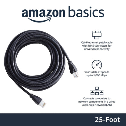 Amazon Basics RJ45 Cat-6 Ethernet Patch Cable, 1Gpbs Transfer Speed, Gold-Plated Connectors, 25 Foot (7.6 Meters), Black