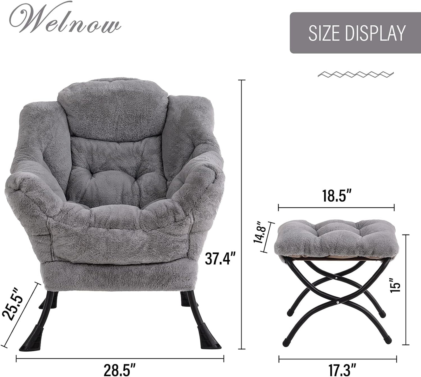 Welnow Lazy Chair with Ottoman, Modern Lounge Accent Chair with Armrests and a Side Pocket, Leisure Sofa Chair Set, Reading Chair with Footrest for Small Space, Corner Chair, Plush Grey