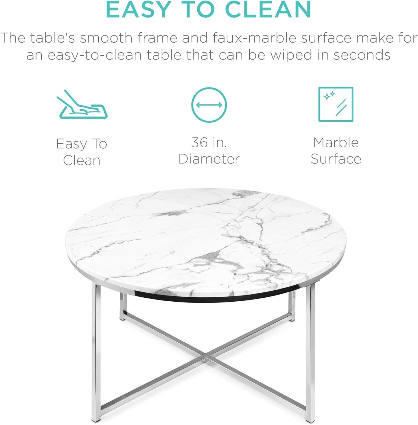 Best Choice Products 36in Faux Marble Accent Table, Modern, Large End Table Home Decor for Living Room, Dining Room, Tea, Coffee w/Metal Frame, Foot Caps, Designer - White/Chrome