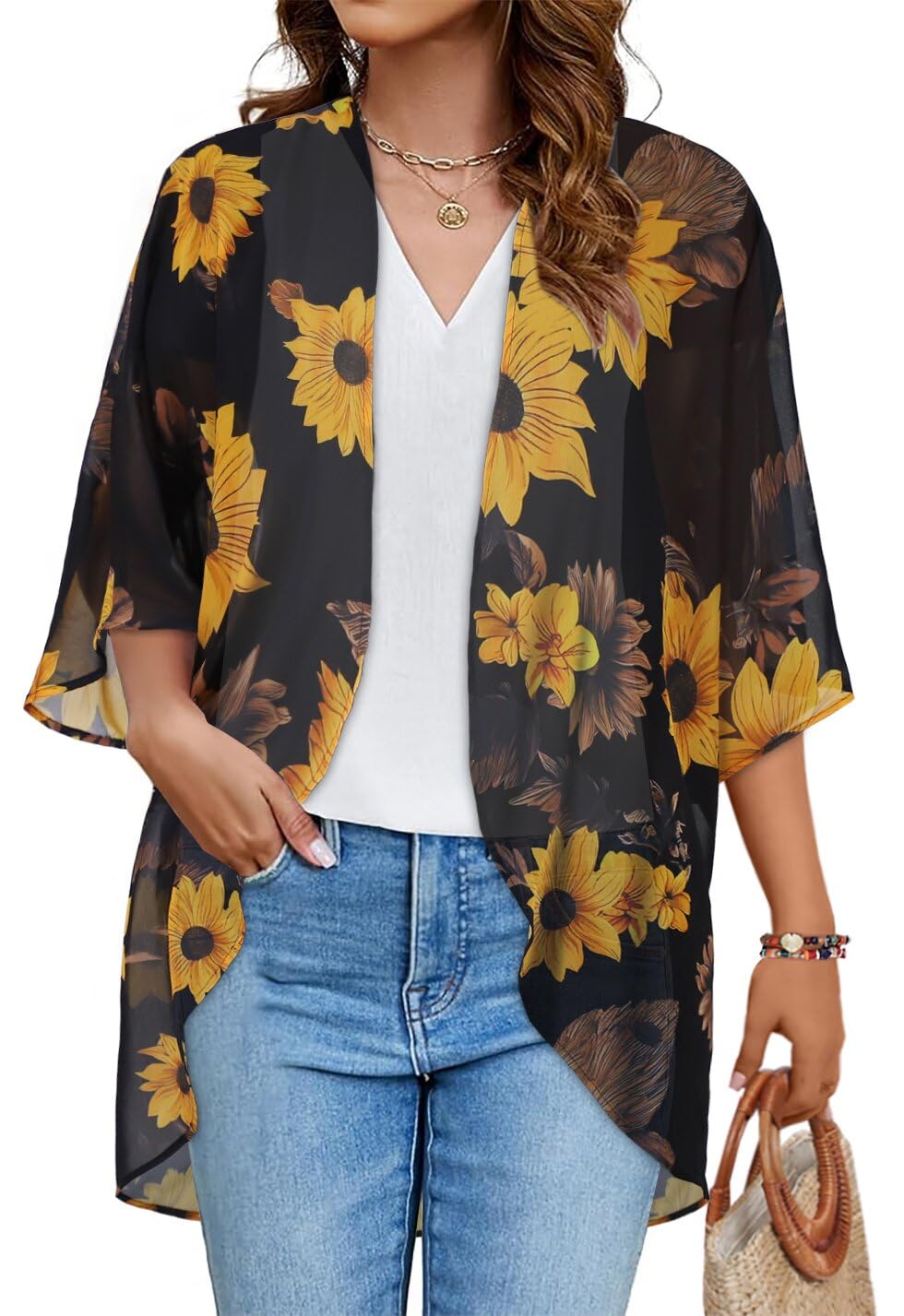 Women's Floral Print Puff Sleeve Kimono Cardigan Loose Cover Up Casual Blouse Tops