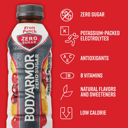 BODYARMOR ZERO Sugar Fruit Punch, Sugar Free Sports Drink - Low-Calorie Hydration - Natural Flavors with Potassium Packed Electrolytes, Antioxidants, and B-vitamins, 16 fl oz (pack of 12)