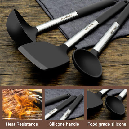 Kitchen Utensils Set-Silicone Cooking Utensils-32 pcs Non-Stick Silicone Cooking Kitchen Utensils Spatula Set with Holder-Best Kitchen Cookware with Stainless Steel Handle (Black)