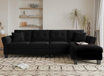 Belffin Convertible Sectional Couch Velvet L Shaped Sofa 4 Seat Sofa with Chaise L-Shaped Couches Reversible Sectional Sofa (Black, L Shaped Couch)