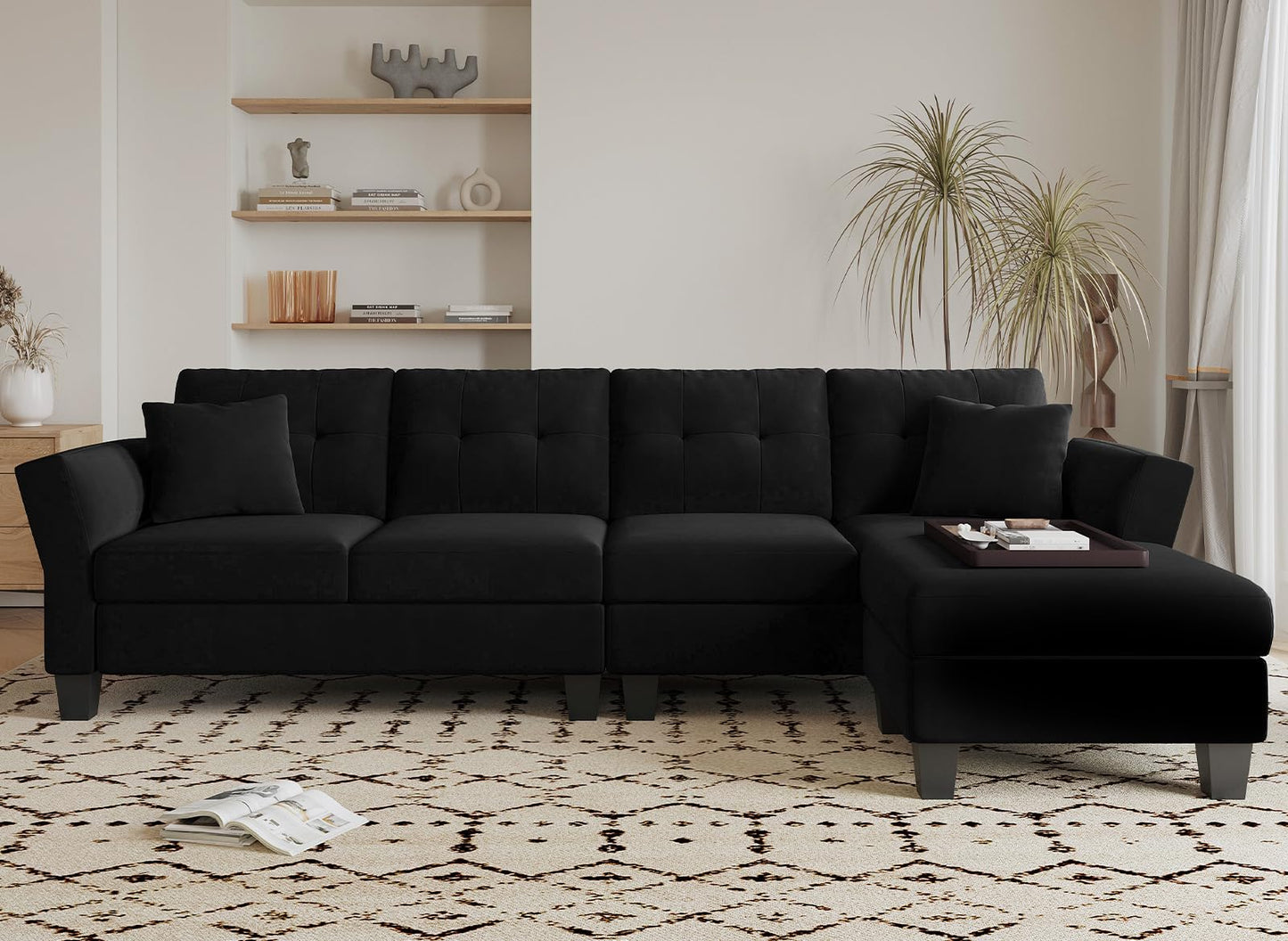 Belffin Convertible Sectional Couch Velvet L Shaped Sofa 4 Seat Sofa with Chaise L-Shaped Couches Reversible Sectional Sofa (Black, L Shaped Couch)