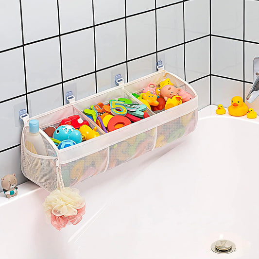 Original 3 Compartment Horizontal Large Openings Bath Toy Organizer for Tub, Capacity Upgrade Bath Toy Storage and Holder, Bathtub Toy Holder for Easy Access and Sorting of Toys.