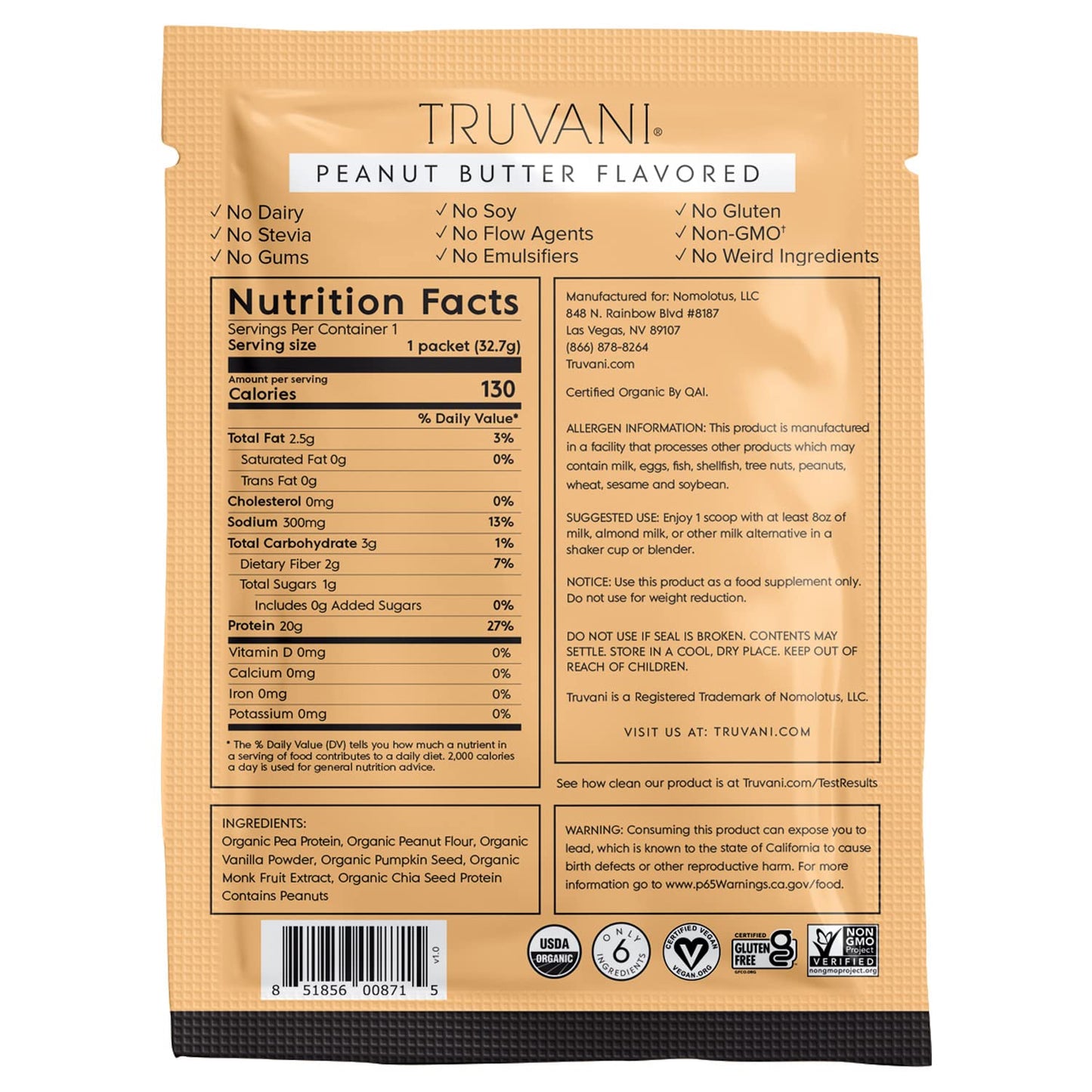 Truvani Vegan Pea Protein Powder | Banana Cinnamon | 20g Organic Plant Based Protein | 1 Serving | Keto | Gluten & Dairy Free | Low Carb | No Added Sugar