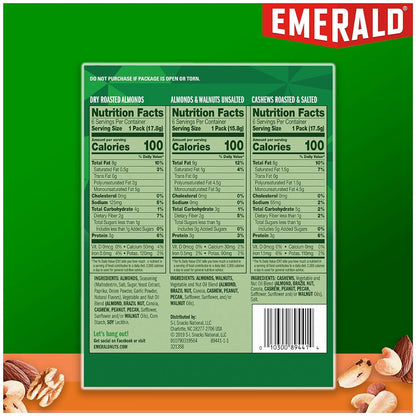 Emerald Nuts Mixed Nuts Variety Pack 18ct (1-Pack) , 100-Calorie Individual Packs , Features Dry Roasted Almonds, Natural Almonds & Walnuts, and Roasted & Salted Cashews