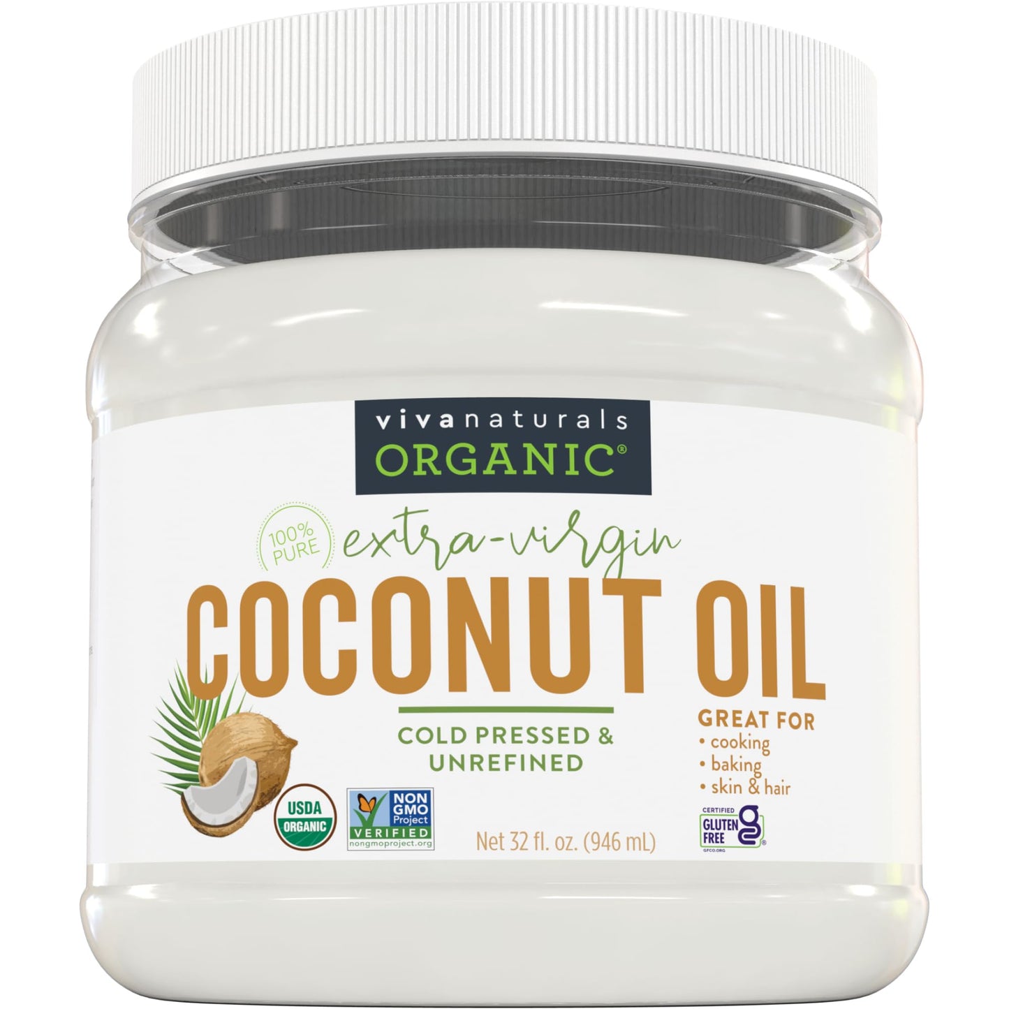 Viva Naturals Organic Coconut Oil - Unrefined, Cold-Pressed Extra Virgin Coconut Oil, USDA Organic and Non-GMO Cooking Oil, Great as Hair Oil and Skin Oil, 16 fl oz