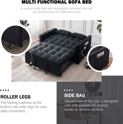 Sleeper Sofa Bed, 3-in-1 Velvet Pull Out Couch with Armrests, Storage Pockets and 2 Pillows, Adjustable Backrest, Sofa Bed Couch for Living Room, Bedroom(Black)