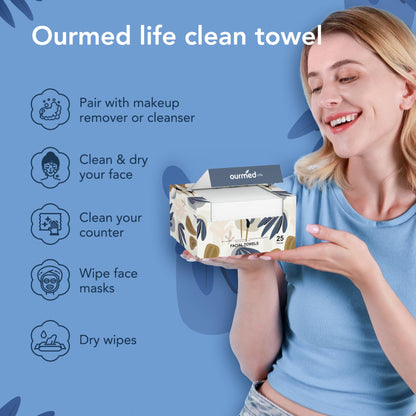 ourmed life Disposable Face Towel | Lint-Free Biodegradable Towels | Face Clean Dry Makeup Remover Wipes | Super Soft & Thick for Sensitive Skin | 10-Inch X 12-Inch Extra Large | 50 Count