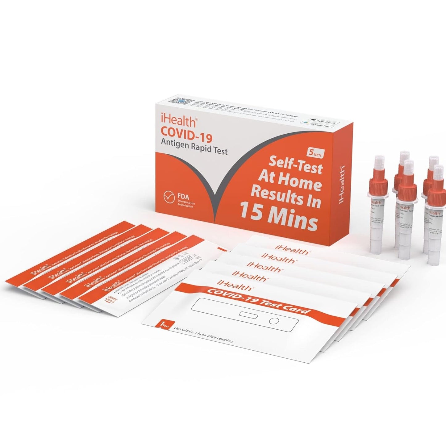 iHealth COVID-19 Antigen Rapid Test, 1 Pack, 5 Tests Total, FDA EUA Authorized OTC at-Home Self Test, Results in 15 Minutes with Non-invasive Nasal Swab, Easy to Use & No Discomfort