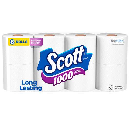 Scott 1000 Toilet Paper, 8 Rolls, Septic-Safe, 1-Ply Toilet Tissue