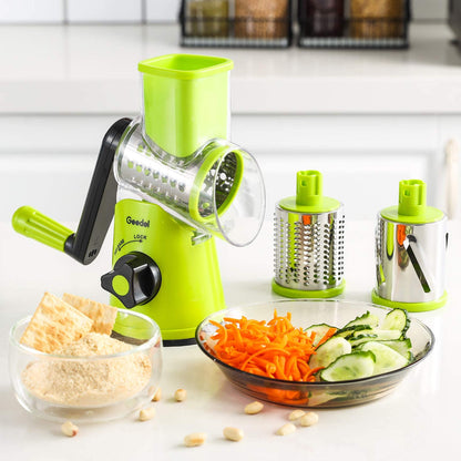 Geedel Rotary Cheese Grater, Kitchen Mandoline Vegetable Slicer with 3 Interchangeable Blades, Easy to Clean Grater for Fruit, Vegetables, Nuts