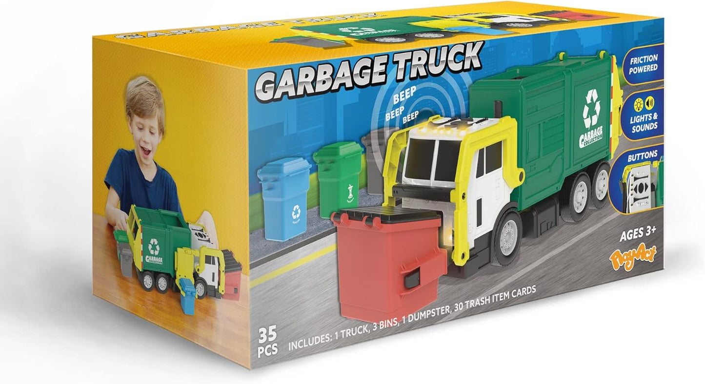 JOYIN Large Friction Powered Garbage Truck Toy Set, Includes Dumpster, Trash Bins, and Learning Cards for Kids