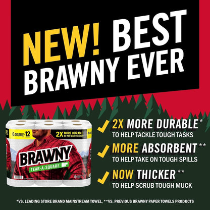 Brawny Tear-A-Square Paper Towels, 12 Double Rolls = 24 Regular Rolls, 3 Sheet Sizes (Quarter, Half, Full), Strength for All Messes, Cleanups, and Meal Prep