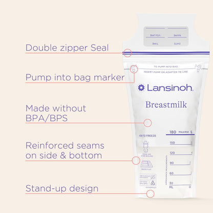 Lansinoh Breastmilk Storage Bags, 100 Count, Easy to Use Breast Milk Storage Bags for Feeding, Baby Essentials, Presterilized, Hygienically Doubled-Sealed for Freezing & Refrigeration, 6 Ounce