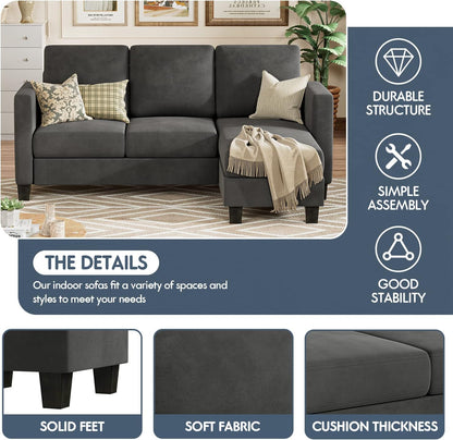 Convertible Sectional Sofa Couch, L-Shaped 3 Seat with Linen Fabric and Movable Ottoman, for Small Apartments, Living Room and Office, Dark Gray